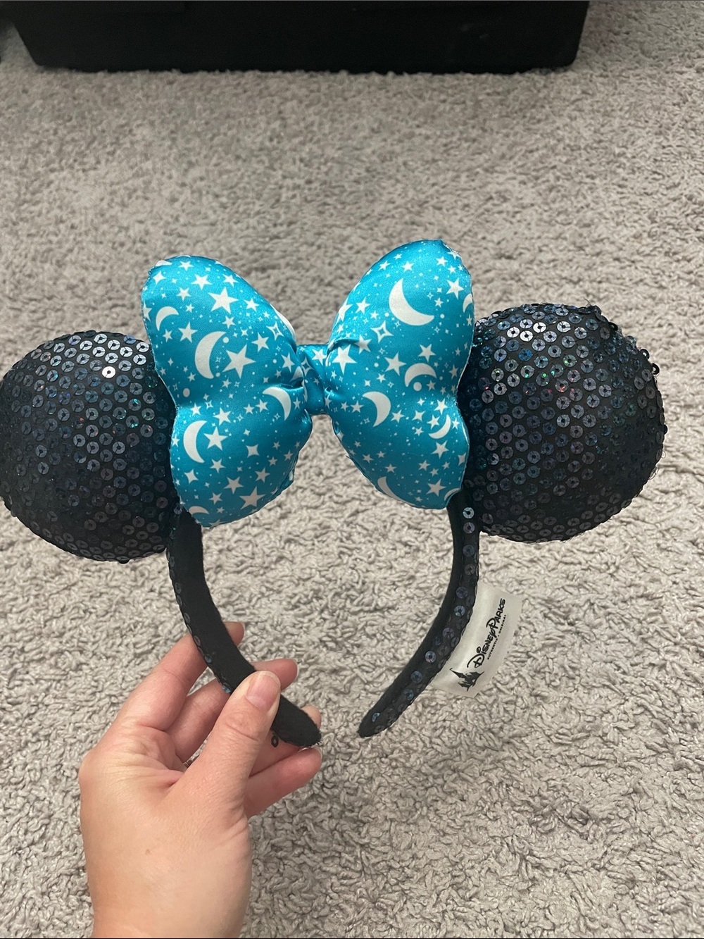 Disney Black Sequin Minnie Ears with Blue Star & Moon Bow